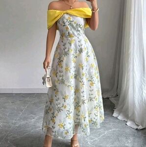 Elegant Off Shoulder Gathered Waist Ruffled Floral Embroidered Mesh Dress